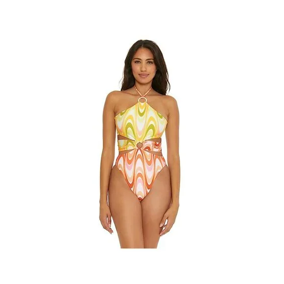 Becca Whirlpool Margot High Neck Halter One Piece Size Small Citrus Retro Print - Picture 5 of 16